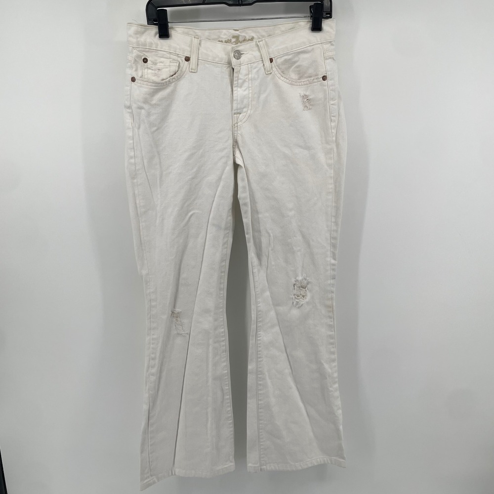 VTG 7 For All Mankind Jeans Womens 28 White Distressed Bootcut Flare Denim Y2K